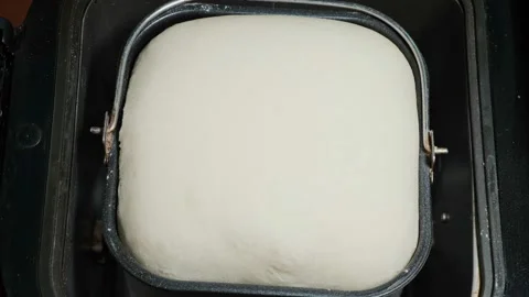Hand raises black lid of electrical apparatus in which white dough for baking Stockbeeldmateriaal 196268924