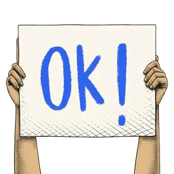 Hand raising a sign that says OK Colored Stock Illustration
