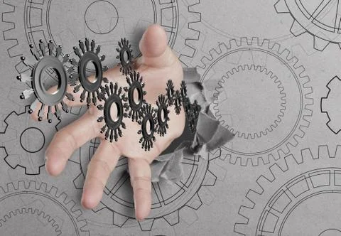 Hand reach people cogs Stock Illustration