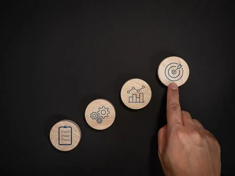 Hand reaches the final target in sequence of planning, operations and perfo.. Stock Photos