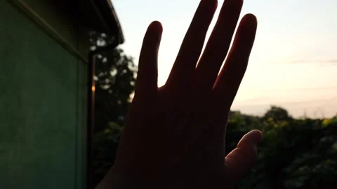 Hand reaches for sun in sunset sky, grass and clouds below Stock Footage 265764304