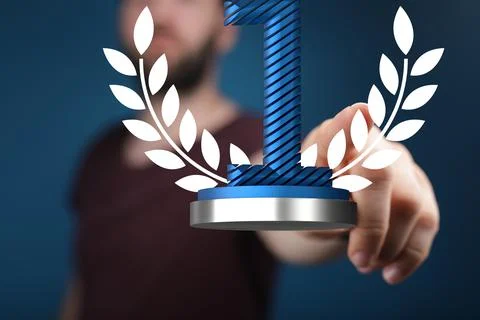 Hand reaching for a 3D render of a first place trophy 스톡 사진