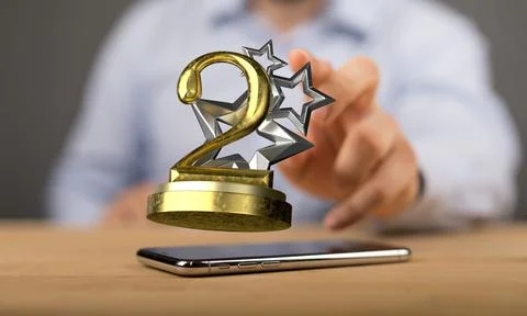 Hand reaching for a 3D render of a second place trophy 스톡 사진