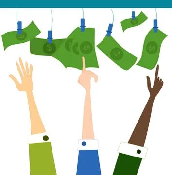 Hand reaching and pointing toward the money. Vector cartoon illustration. Illustrazione stock