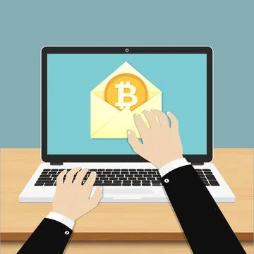 Hand reaching for bitcoin in an envelope on laptop screen Stock Illustration