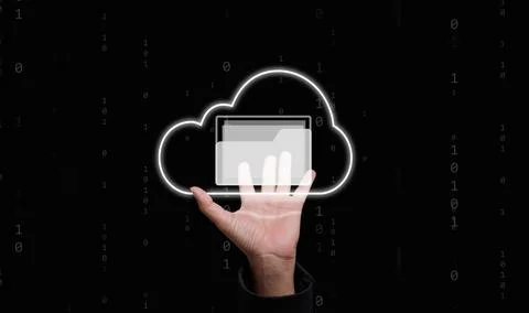 Hand reaching cloud with folder icon represents paperless office, digital f.. 스톡 사진