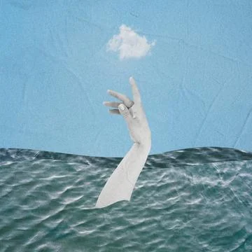 Hand reaching for cloud from ocean surreal collage Stock Illustration