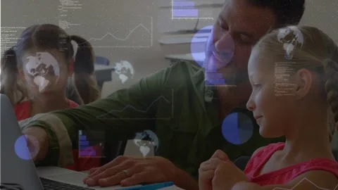 Hand reaching laptop, tutor guiding braided girl, animated charts overlaying Stock Footage 321100015