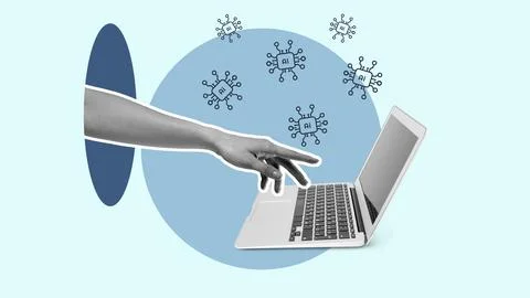 Hand reaching for laptop while surrounded by AI icons on a light background Stock Photos