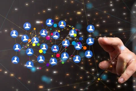 Hand reaching the network of blue social media follower icons Stock Photos