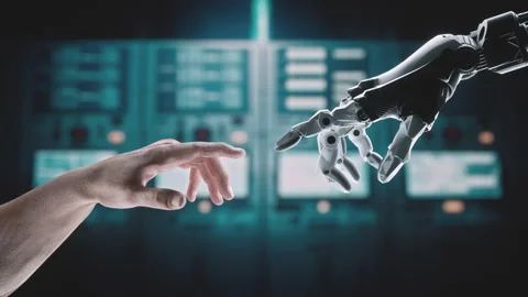 A Hand Reaching Out To AI Robot Hand In Front Of A Control Panel Workshop Animat Stock Footage 251742894