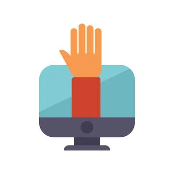 Hand reaching out from computer screen asking question 스톡 일러스트