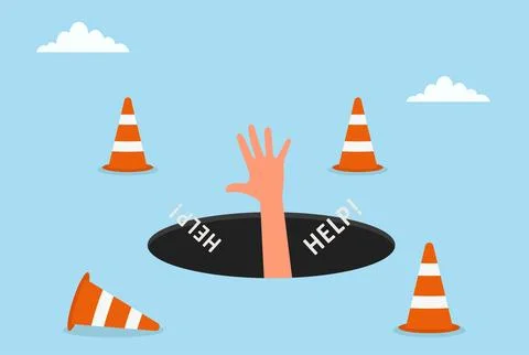 A hand reaching out from a dark hole surrounded by text help Stock Illustration