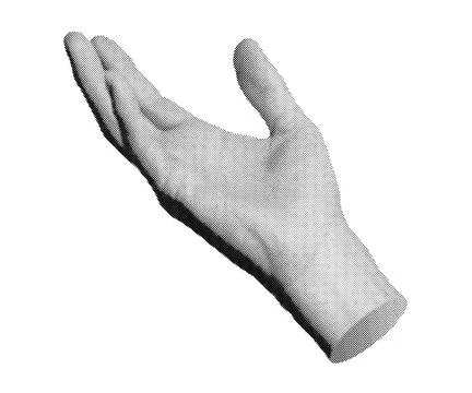 Hand reaching out, touching, palm sign, gesture. Halftone style vector isolat Stock Illustration