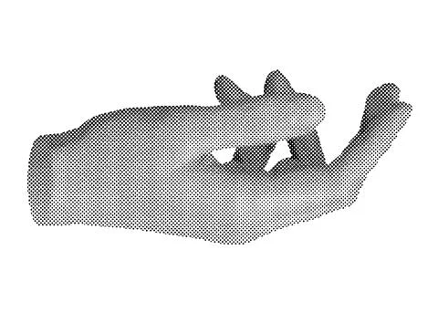 Hand reaching out, touching, palm gesture. Halftone style vector isolated on イラスト素材
