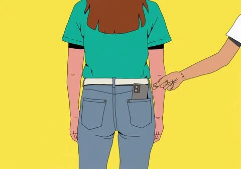 Hand reaching for smart phone in back pocket of woman's jeans against yellow Stock Illustration