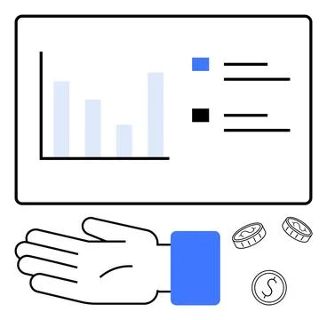 Hand Reaching Towards Financial Data Chart with Coins and Bar Graph for Fin.. Stock Illustration