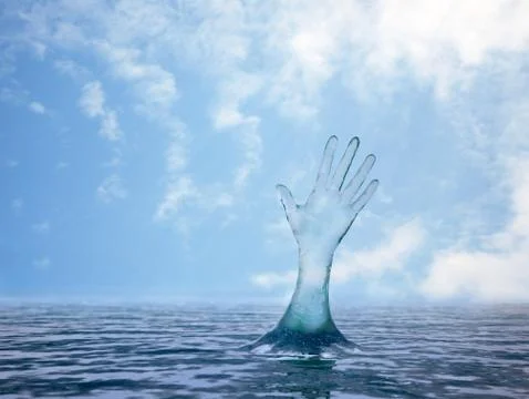 Hand reaching upwards from the water surface. Illustrazione stock