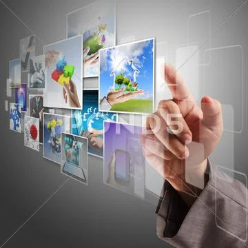 Hand reaching virtual images streaming Stock Illustration