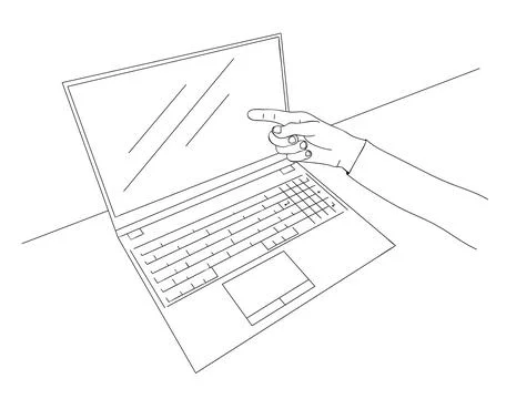 Hand in realistic gesture points his finger at laptop monitor Stock Illustration