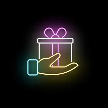 Hand receiving present box with neon glow effect 库存插图