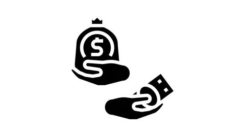 Hand receiving small vs large paycheck glyph icon animation Stock Footage 326140294