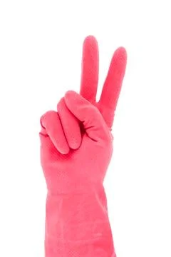 Hand in red rubber glove gesturing victory Stock Photos