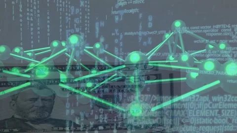 Hand reflection appearing, teal 3D network rotating and showing currency beneath Stock Footage 329505139