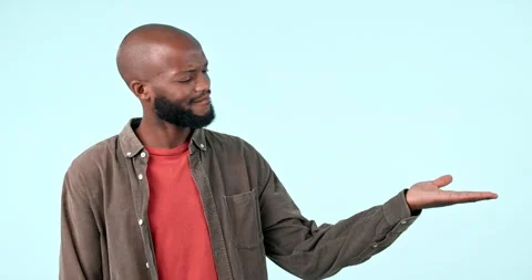 Hand, refuse or face of black man in studio for feedback opinion, bad review or Stock Footage 250071552