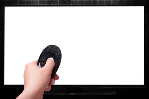Hand with a Remote control on the background of the TV. white screen on tv. Stock Photos