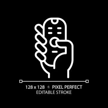 Hand with remote control pixel perfect white linear icon for dark theme Stock Illustration