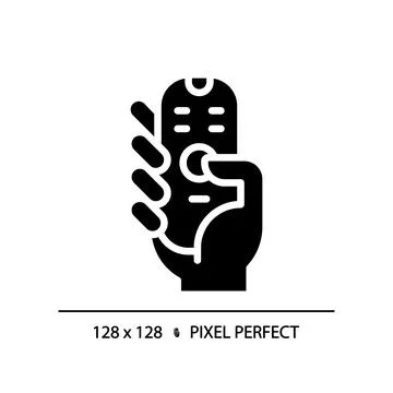 Hand with remote control pixel perfect black glyph icon Stock Illustration