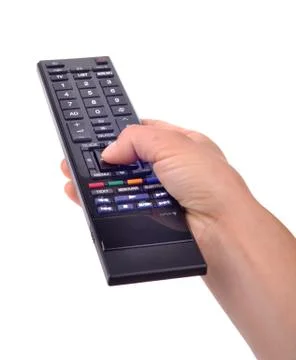 Hand with remote control on white Stock Photos