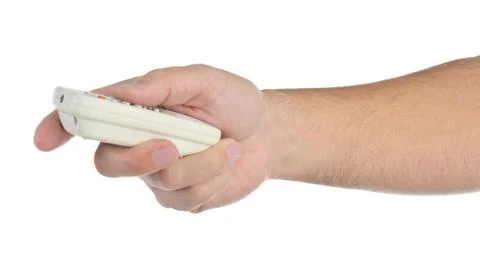 Hand with remote control on white Stock Photos