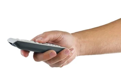 Hand with remote control on white Stock Photos