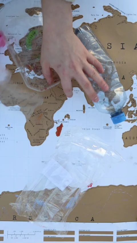 Hand removes plastic waste from a world map Видео 337941555