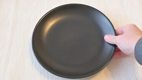 Hand Removing Empty Black Plate from Table, Minimal Lifestyle Concept Stock Footage 337014558