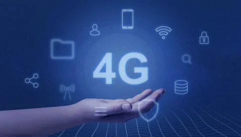 Hand represents 4G. Mobile network concept. Surrounded by icons representing  Stock Photos