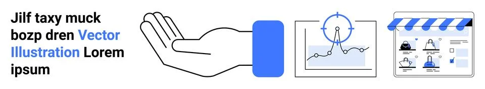 Hand Requesting, Analytics Chart with Target, and Online Store Elements Stock Illustration