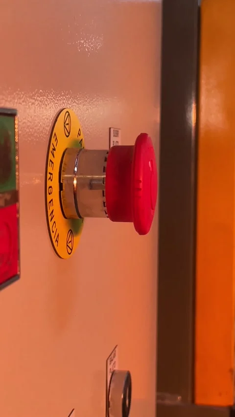 Hand reset emergency stop button. 60fps 4K footage. Turn on. 4K 60fps vertical Stock Footage 234460011