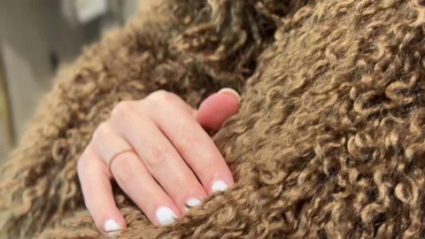 A hand resting on a soft, textured, curly brown fabric. 스톡 동영상 343300673