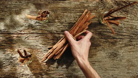 Hand Rests Cinnamon Sticks. Top View Stock Footage 239432164