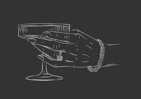 Hand with ring and bracelet holding champagne glass black イラスト素材