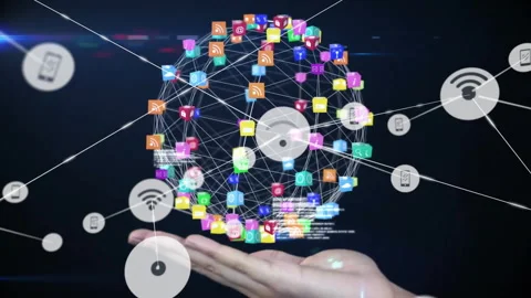 Hand rising causing floating icon cubes and nodes clustering into rotating Stock Footage 310298379