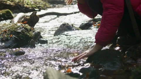 Hand in river mountain Current of clean spring flow over stones overgrown wit Stock Footage 270408000