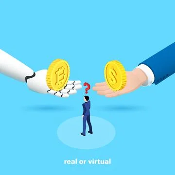 Hand robot with bitcoin and a man's hand in a business suit with a dollar coi Stock Illustration