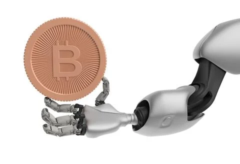Hand of Robot holding Bitcoin. Isolate on white. Crypto Currency. Stock Photos