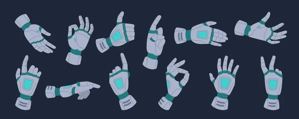Hand, robot tech set. Palm, arm gesture cyborg. Computer technology, innovati Illustrazione stock