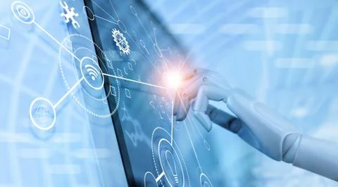 Hand of robot using over the interface virtual screen to check status. 스톡 사진