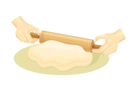 Hand rolling dough with a rolling pin. Bakery process, kneading pastry for Stockillustratie